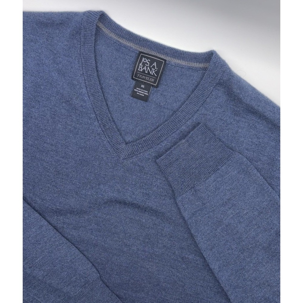 Jos A Bank‎ Sweater Mens 2XL Blue Traveler Merino Wool V Neck Pullover Knit Soft